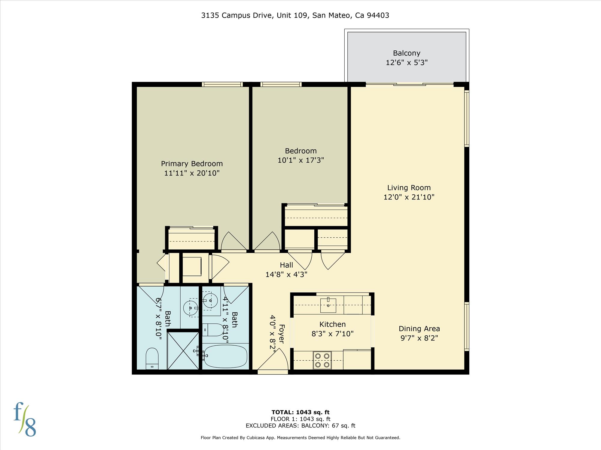 A floor plan for a unit at 3135 Campus Drive, Unit 109, San Mateo, Ca 94403 is displayed.