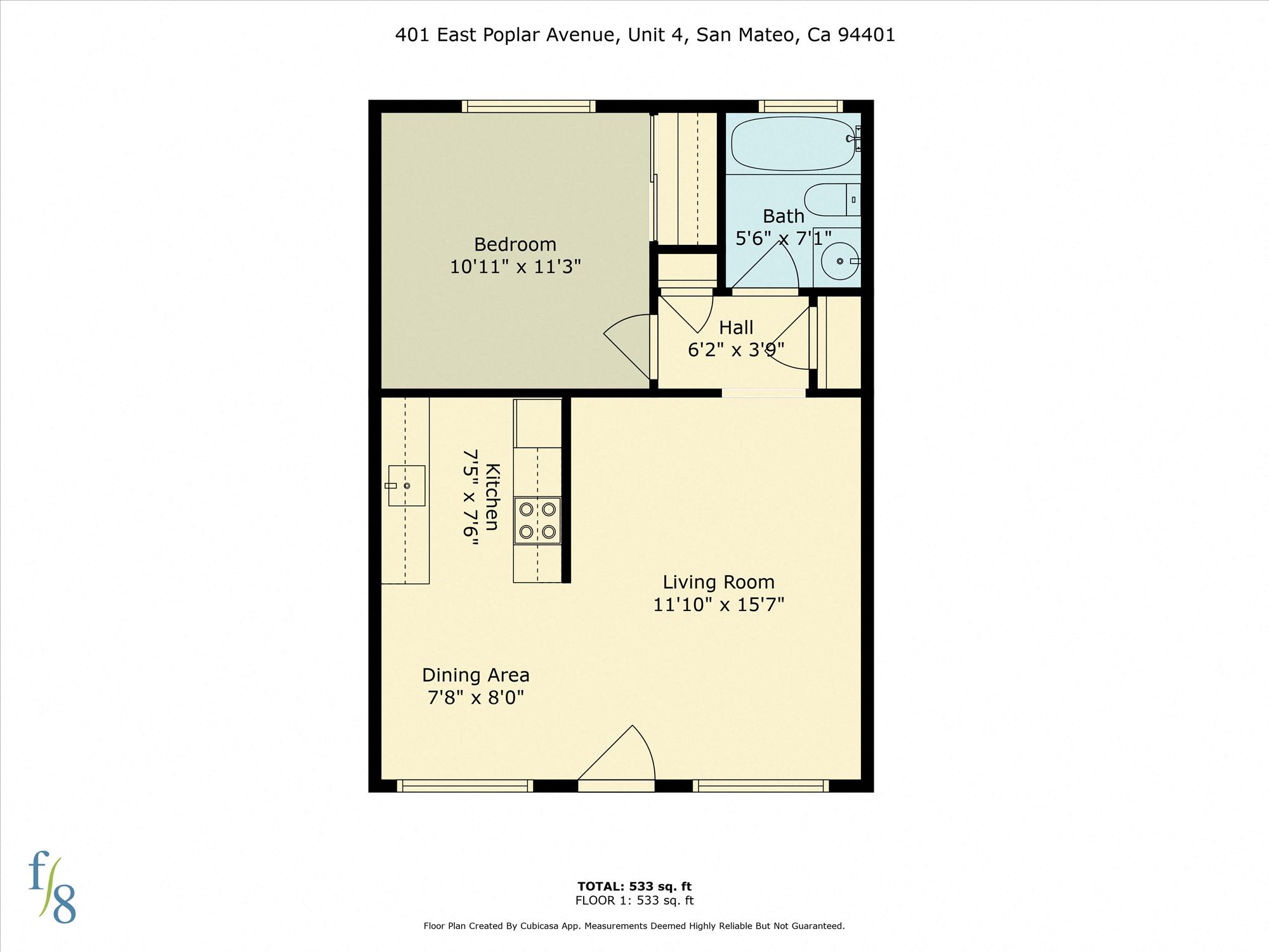 A floor plan for a unit at 401 East Poplar Avenue, San Mateo, CA 94401 is displayed.