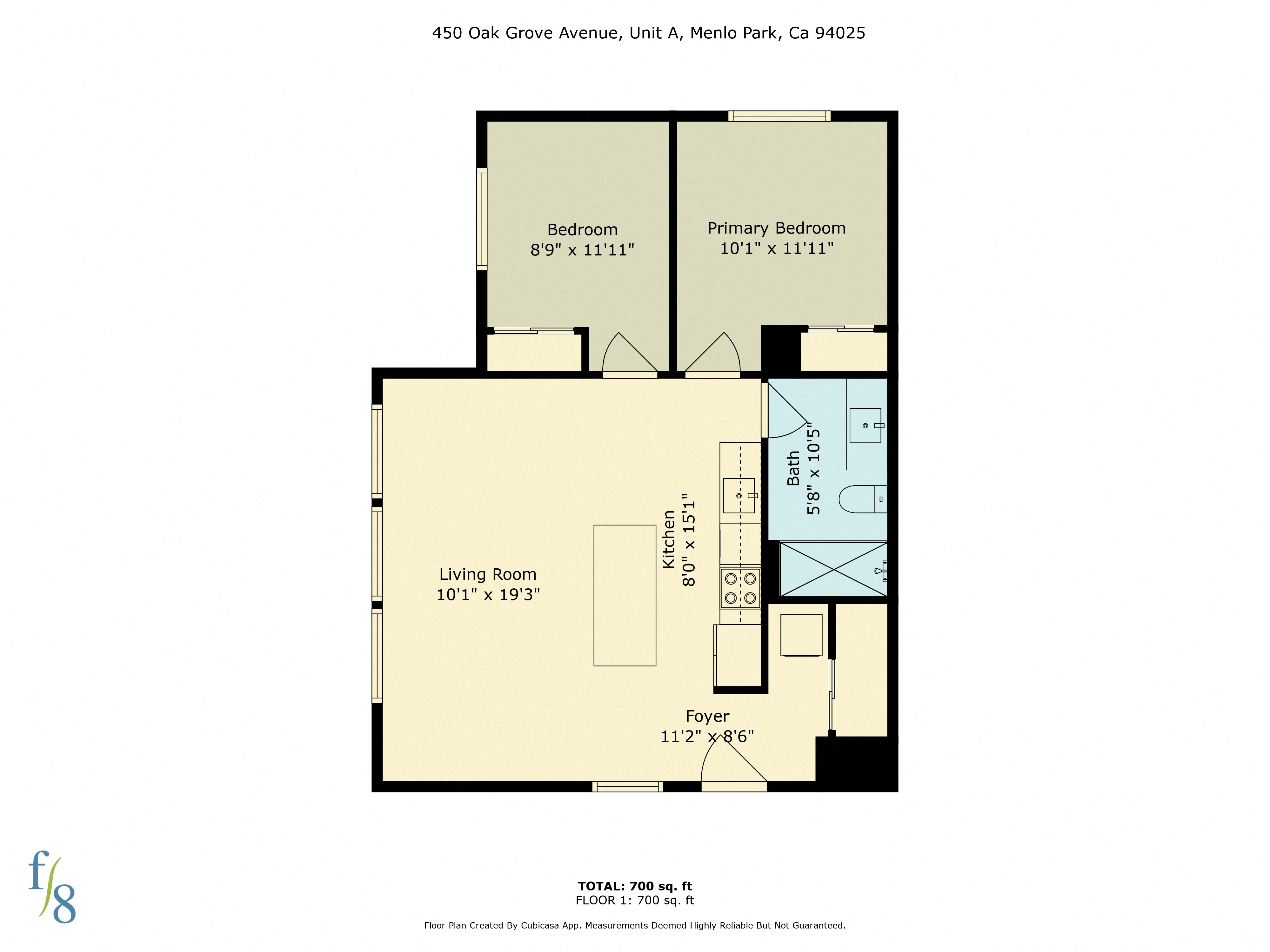 A floor plan for a two bedroom, one bathroom apartment.
