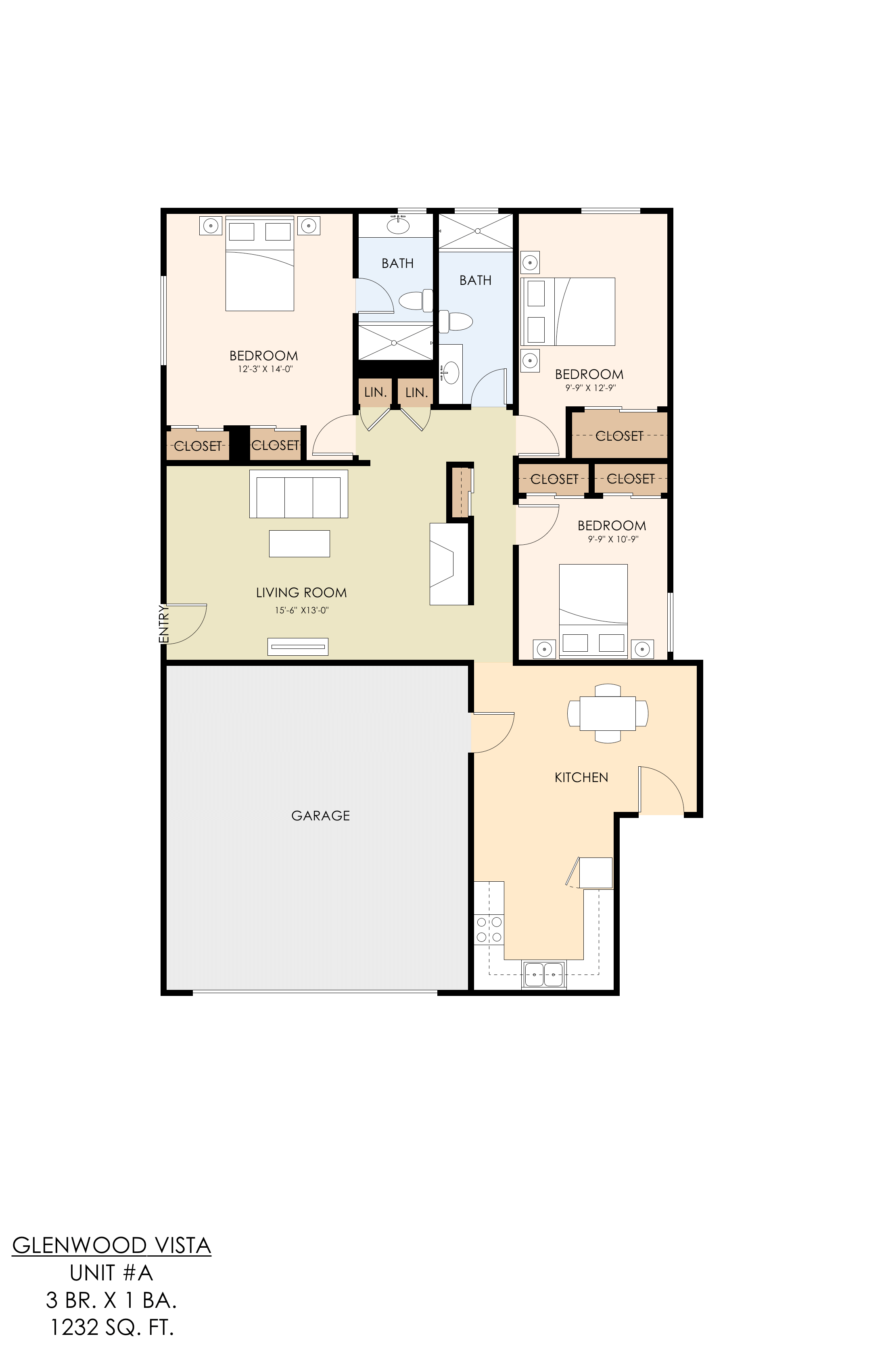 A floor plan for a Glenwood Vista unit shows a living room, dining room, kitchen, and two bedrooms.