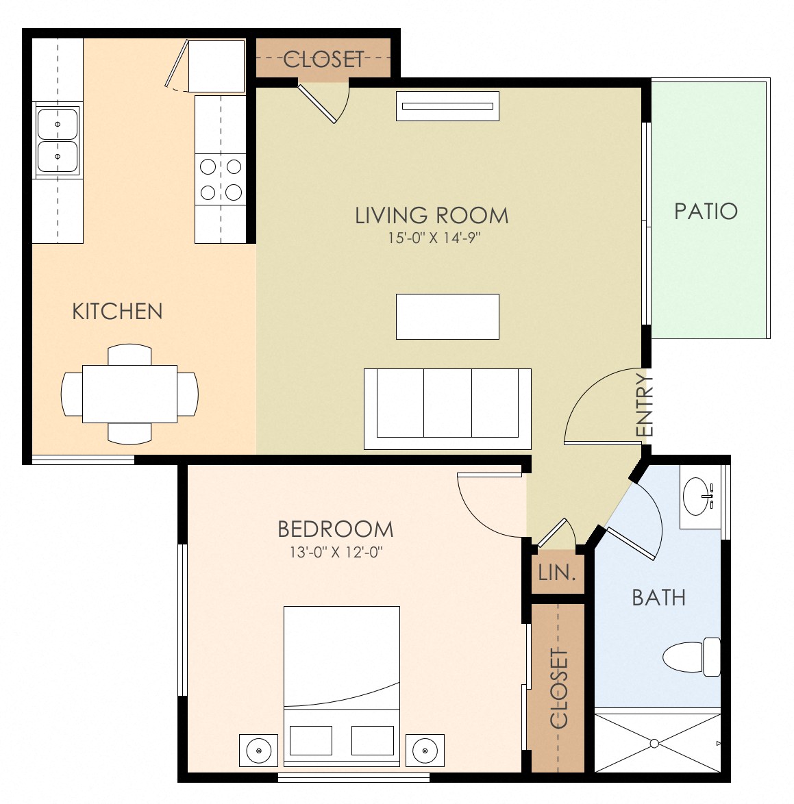 A floor plan of a small apartment with a kitchen, living room, bedroom, bathroom, and patio.