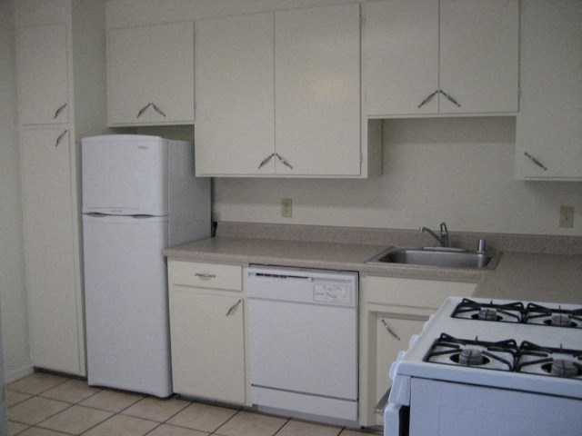A white kitchen with a white fridge, white dishwasher, and white stove.