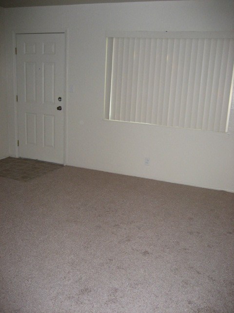 A white door is in a room with a carpet.