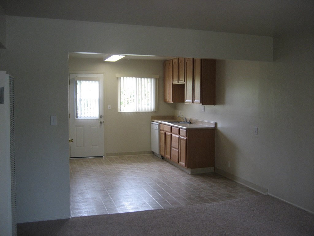 A kitchen area with a sink and cabinets.