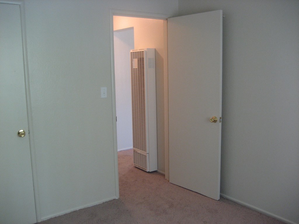 A white door is open to a room with a white wall and a white closet.