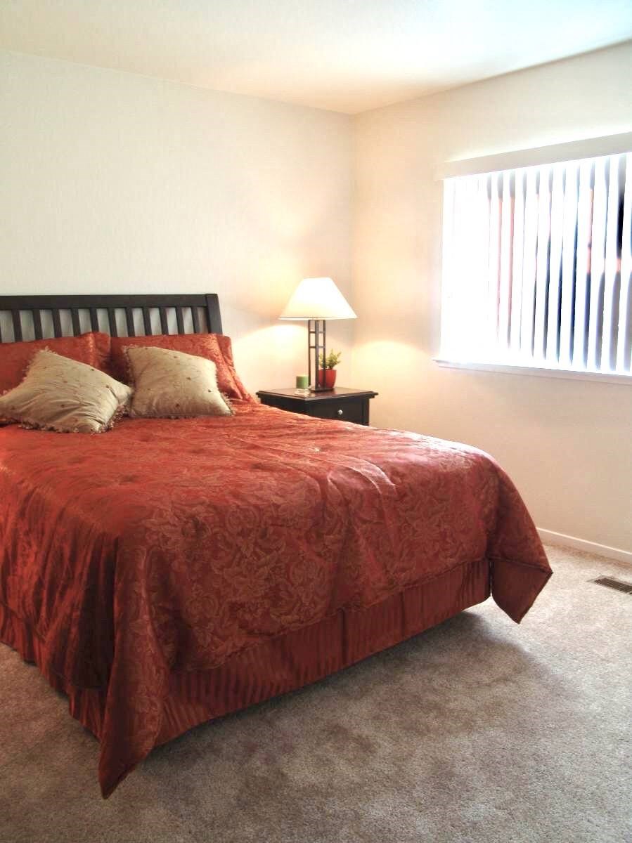 a bedroom with a bed and a window