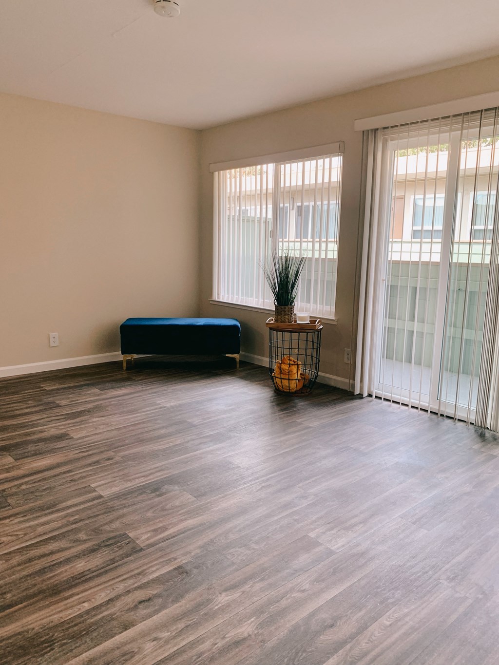 an empty room with a couch and a plant