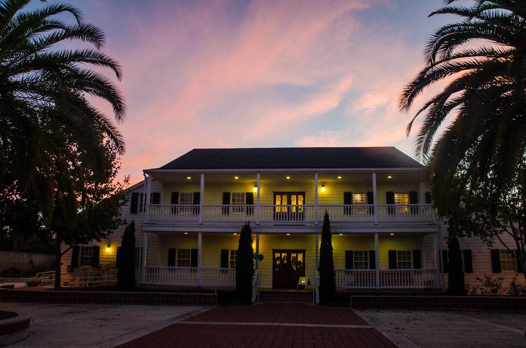 A house with a porch and palm trees in front.