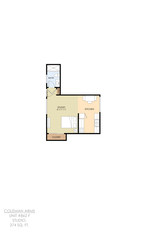 A floor plan of a studio apartment with a kitchen and closet.