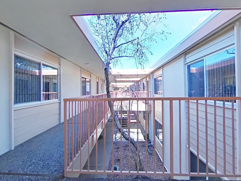 a balcony with a tree in the middle of a building