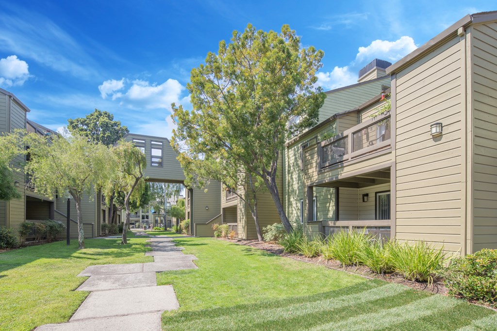 a sidewalk between two apartment buildings with grass and trees