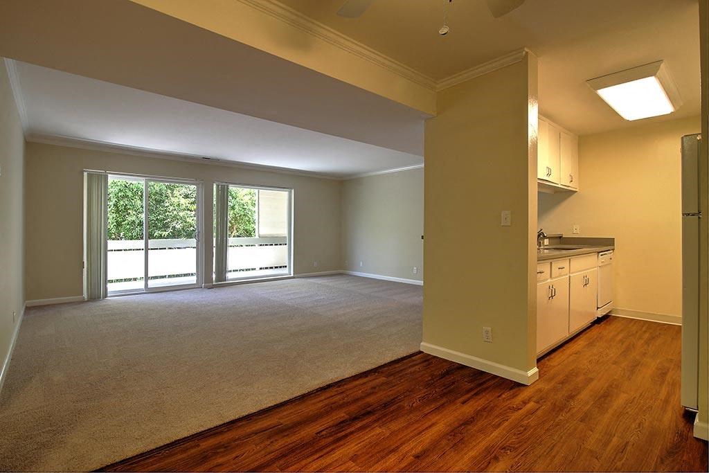 Living room with kitchen view at Wellesley Crescent, Redwood City, California