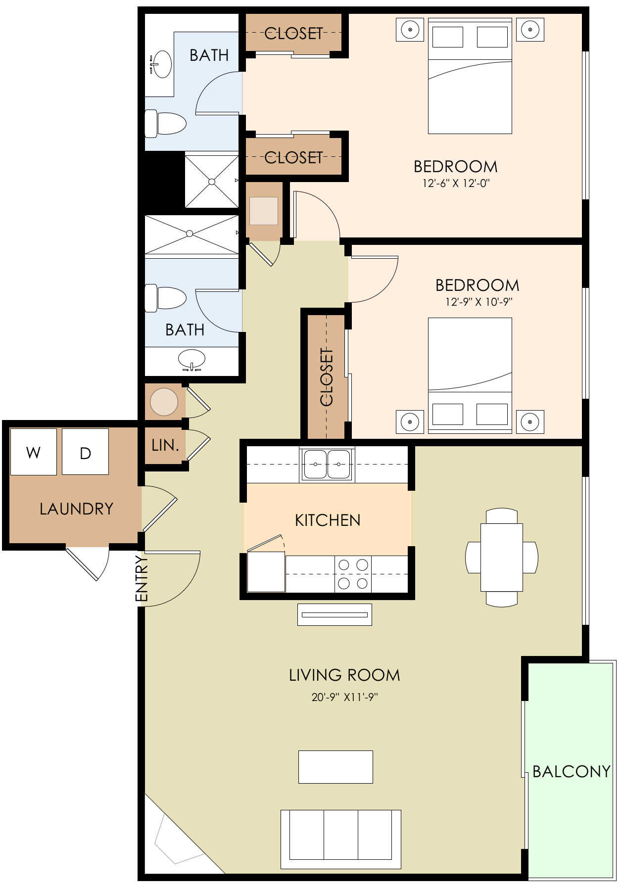 Two Bedroom Two Bath 1101 Sq Ft
