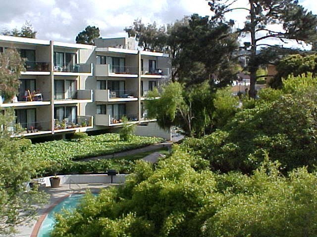 a view of an apartment building with trees in the foreground