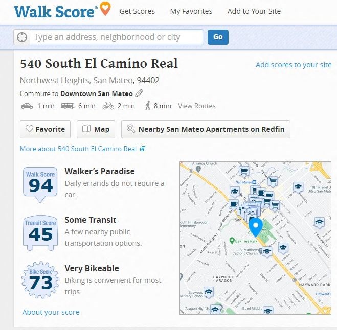 A map showing the location of 540 South El Camino Real in San Mateo.