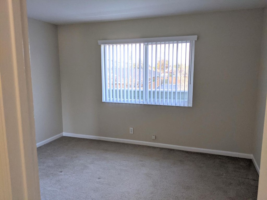 A room with a window and carpeted floor.
