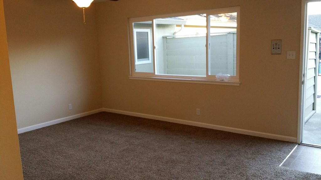 A room with a carpeted floor and a window.