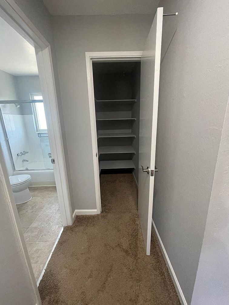 a bathroom with a closet and a toilet in it