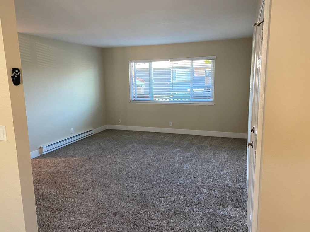 A room with a window and carpeted floor.
