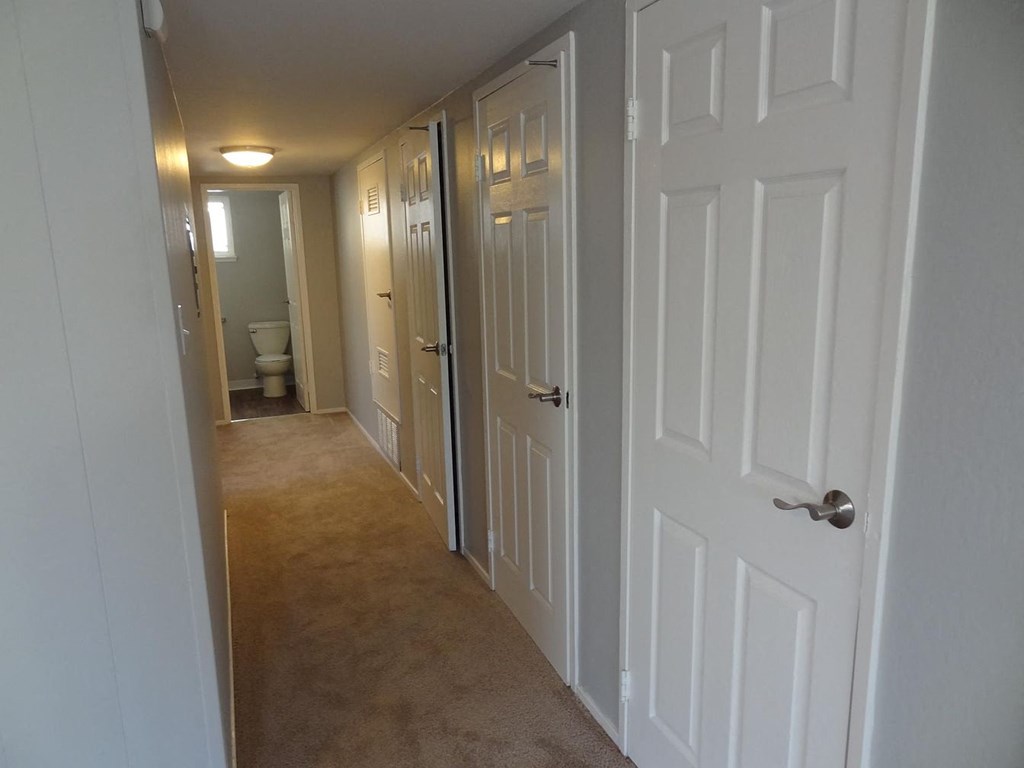 A hallway with white doors and carpeted floor.