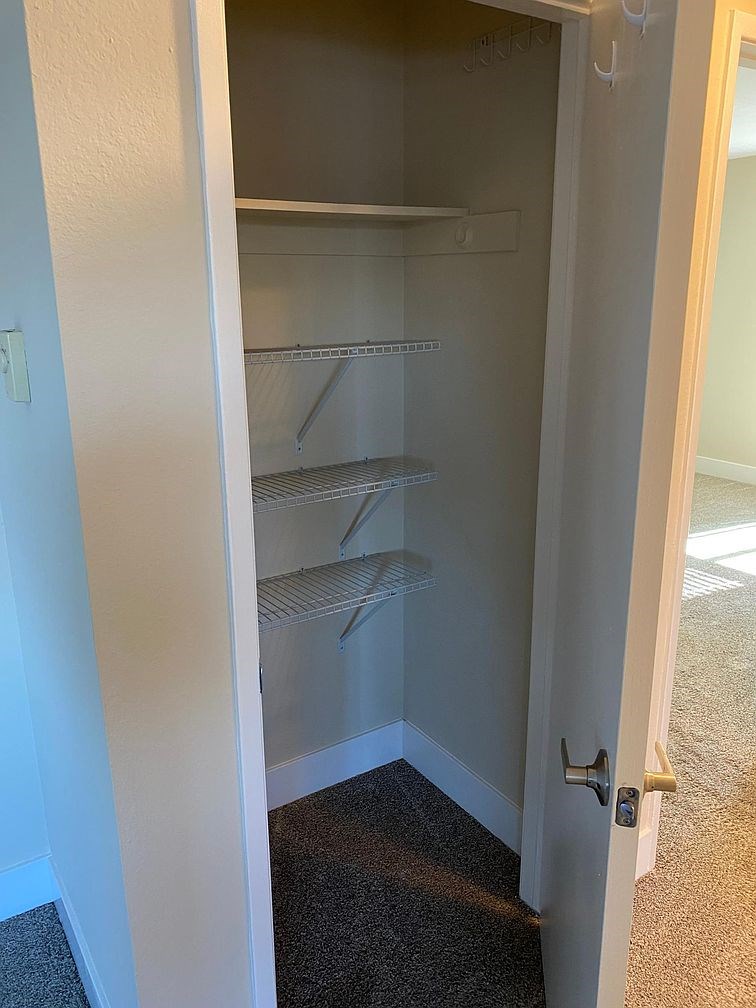 Empty white pantry with a white door.