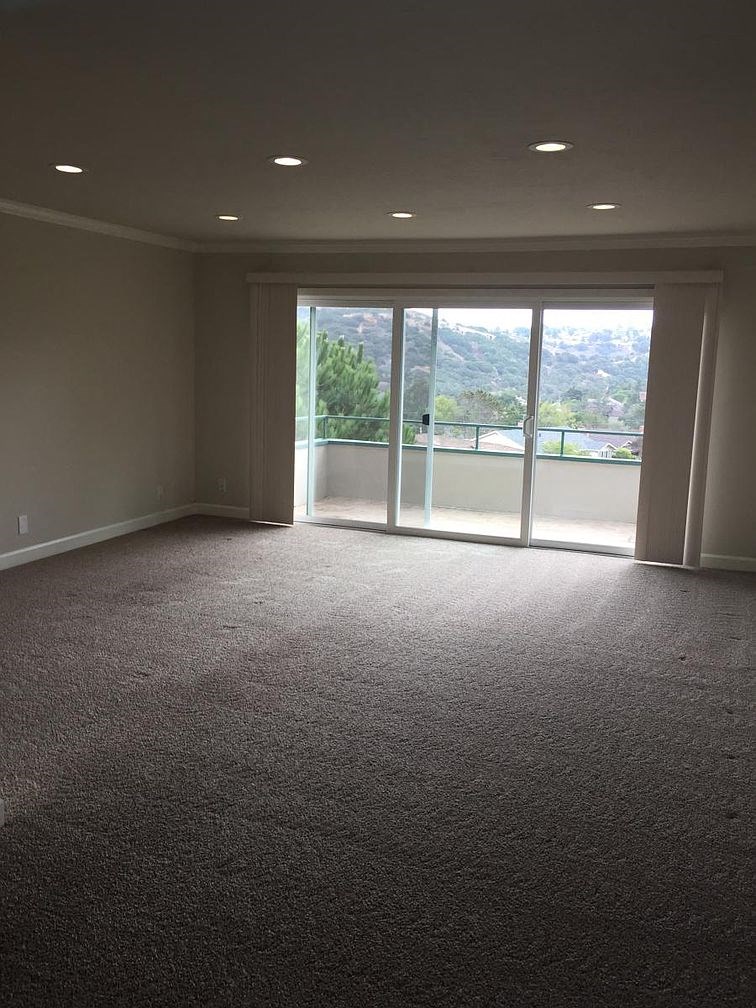 A large empty room with carpeted floor and a view of trees outside through the sliding glass doors.
