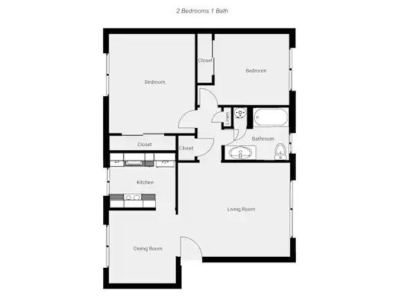 A floor plan of a two bedroom apartment with a living room, dining room, kitchen, and bathrooms.