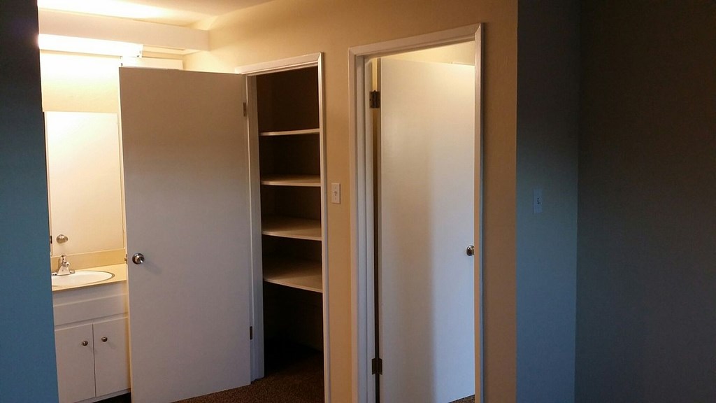 A white bathroom with a sink and a large open closet.