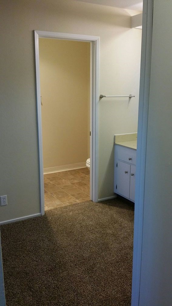 A bathroom with a white door and a brown carpet.