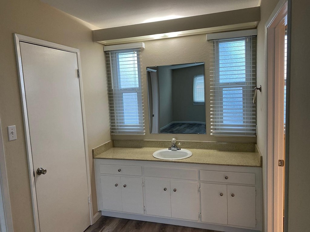 A bathroom with a sink, mirror, and cabinets.