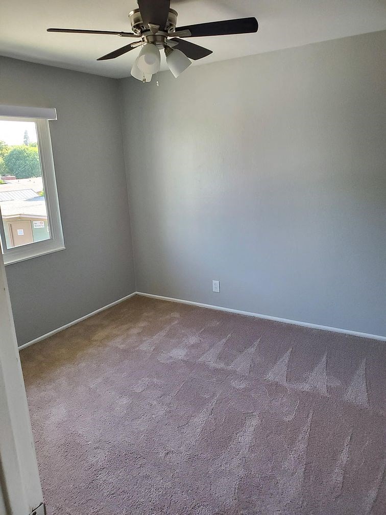 A room with a ceiling fan and carpeted floor.