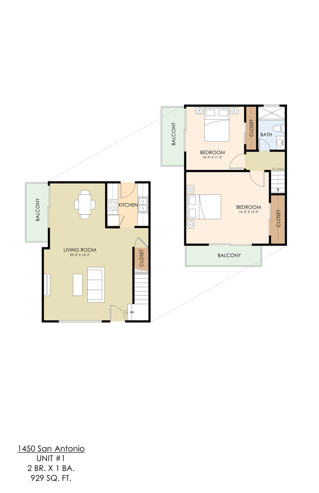 A floor plan of a 2 bedroom, 1 bathroom apartment.