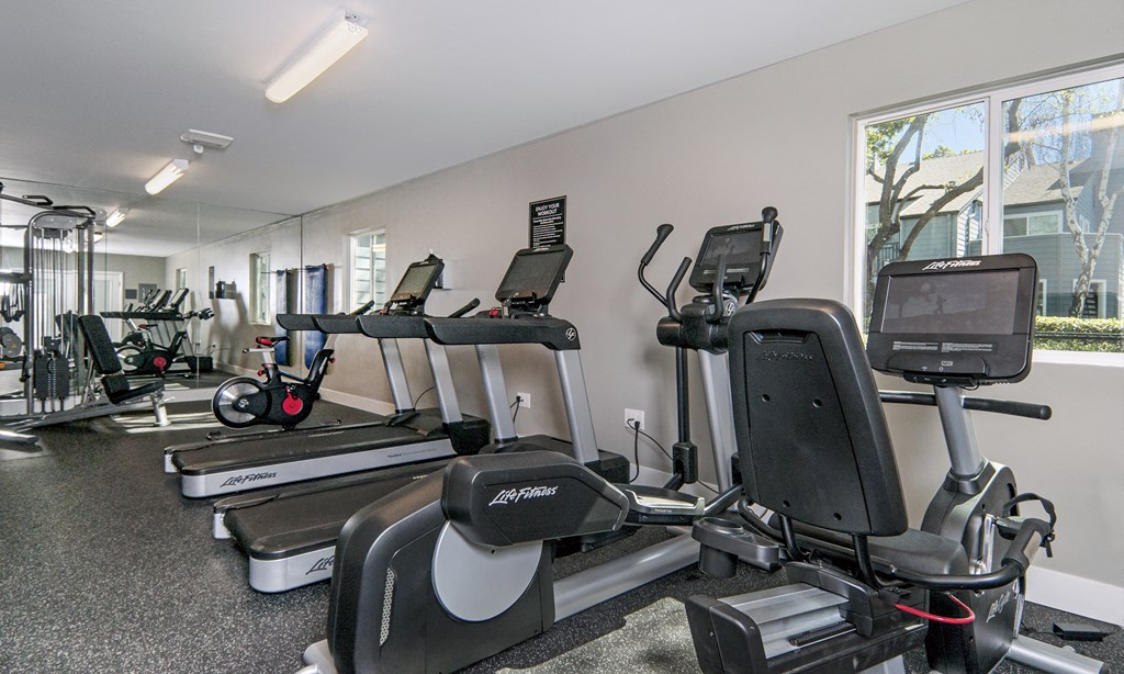 cardio equipment in the gym at the enclave at woodbridge apartments in sugar land