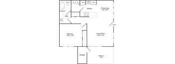 A floor plan of a small apartment with a bedroom, living room, kitchen, and bathroom.
