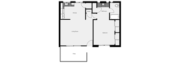 A floor plan of a house with a living room, kitchen, patio, and bedrooms.