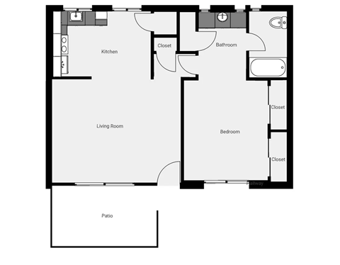 A floor plan of a house with a living room, kitchen, patio, and bedrooms.