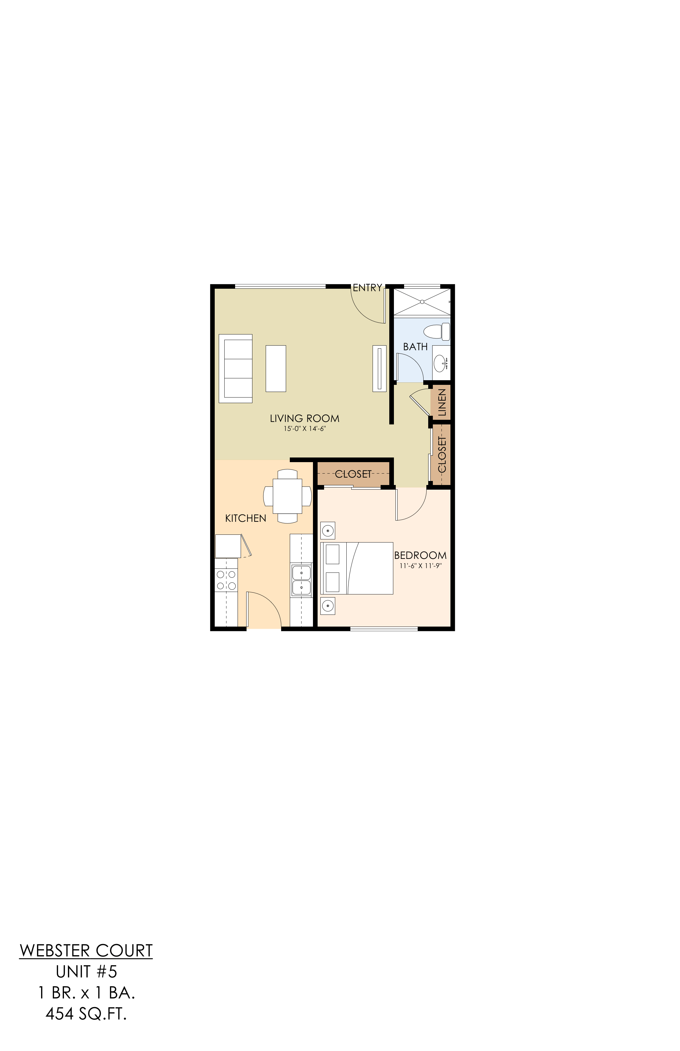 A floor plan of a unit with a living room, kitchen, and bedroom.