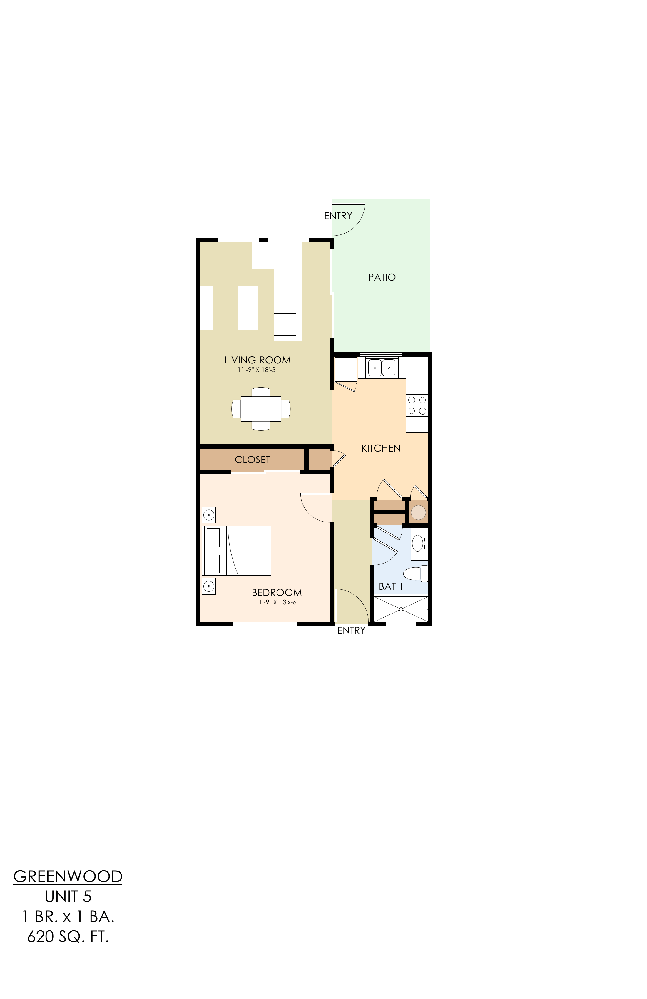 A floor plan for a 1 bedroom, 1 bathroom apartment at Greenwood Unit 5.