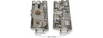 A floor plan of a two-story apartment with three bedrooms and two bathrooms.