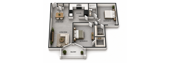 A 3D floor plan of a house with labeled rooms.