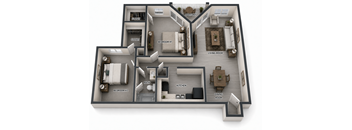 A 3D rendered image of a house layout with labeled rooms.