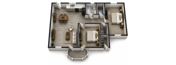 A 3D floor plan of a house with a living room, dining room, kitchen, and two bedrooms.