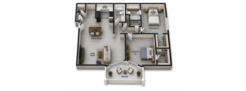 A 3D floor plan of a house with labeled rooms.