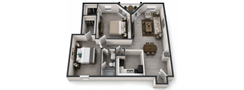A 3D floor plan of a house with two bedrooms, a living room, a kitchen, and a bathroom.