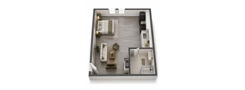 A top-down view of a modern living room with a couch, coffee table, and television.
