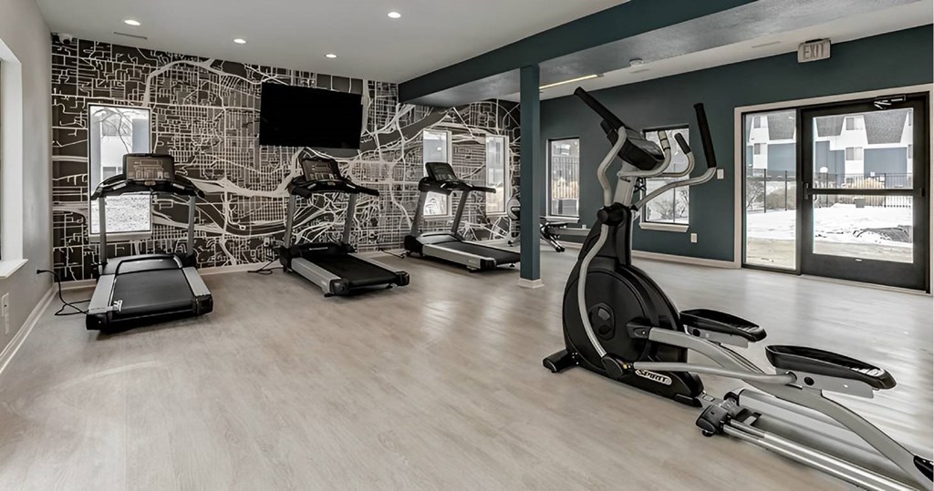 A gym with treadmills, elliptical machines, and a television.