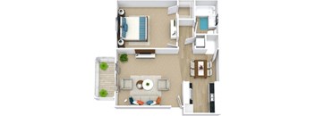 A top-down view of a living room with a couch, a dining table, and a kitchen area.