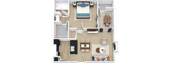 A top-down view of a room with a bed, couch, and dining table.