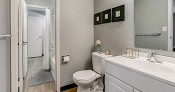 A bathroom with a toilet, sink, and mirror.