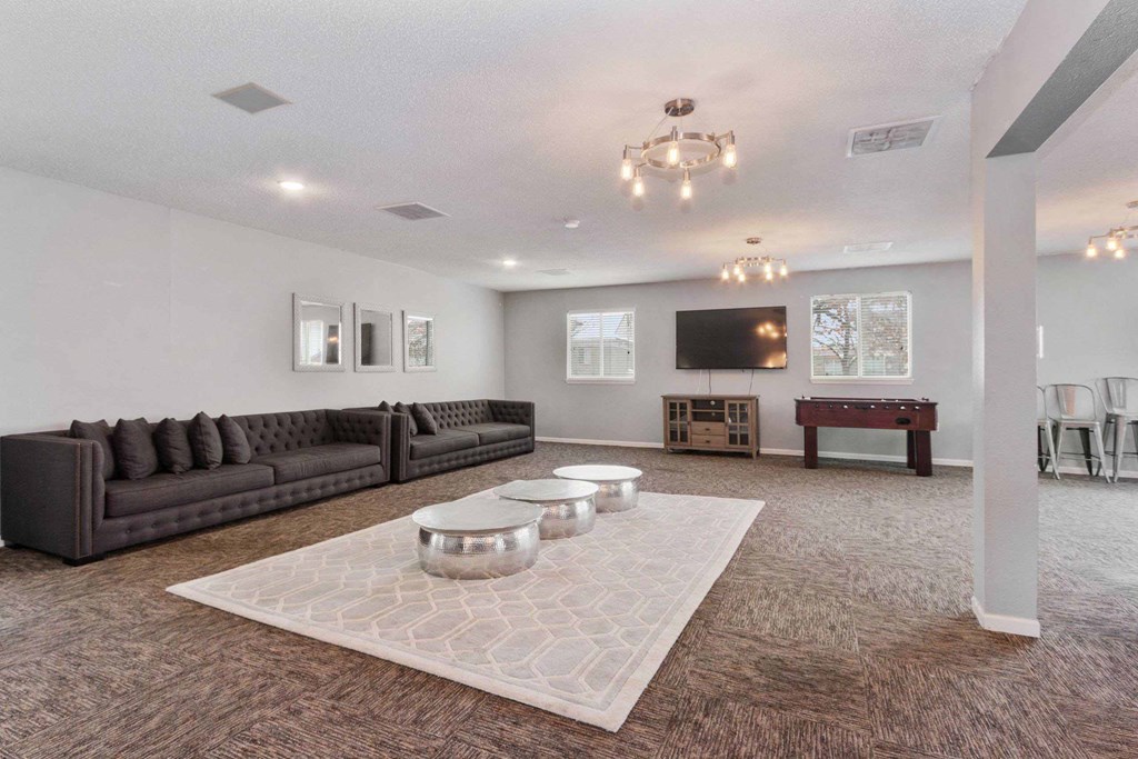 A living room with a brown sofa and a white rug.